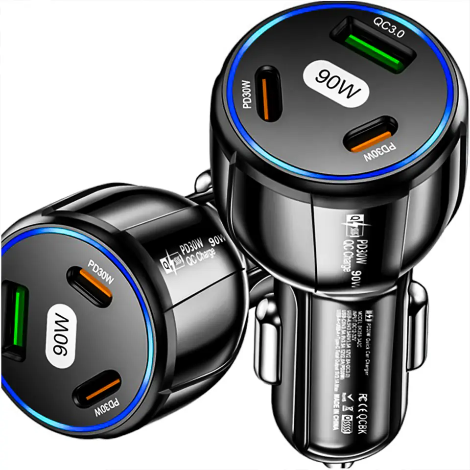 Ładowarka samochodowa 2x USB C PD 30W + USB QC 3.0 LED szybka do telefonu mocna 90W Alogy czarna