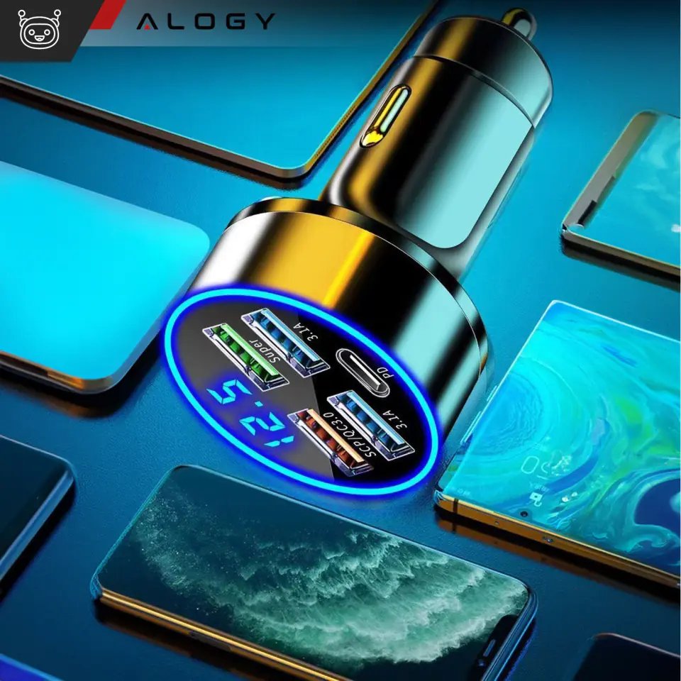 Ładowarka samochodowa 4x USB QC 3.0 + USB C PD 20W LED szybka mocna 250W do telefonu Alogy Car czarna