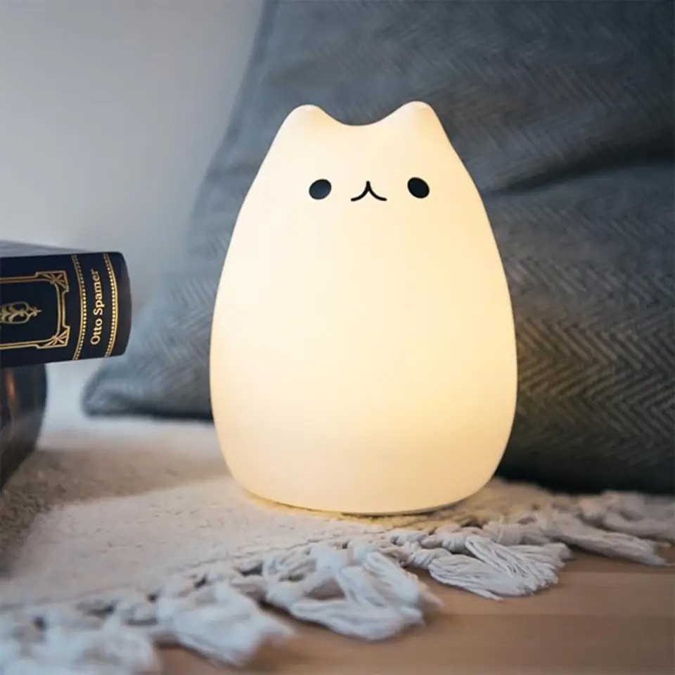 Lampka nocna LED RGB dla dzieci kotek kot akumulatorowa USB 16 kolorów silikonowa dotykowa biała