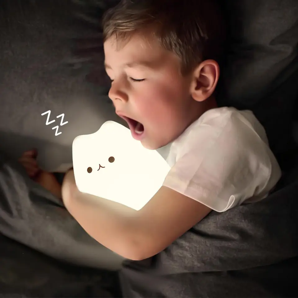 Lampka nocna LED RGB dla dzieci kotek kot akumulatorowa USB 16 kolorów silikonowa dotykowa biała