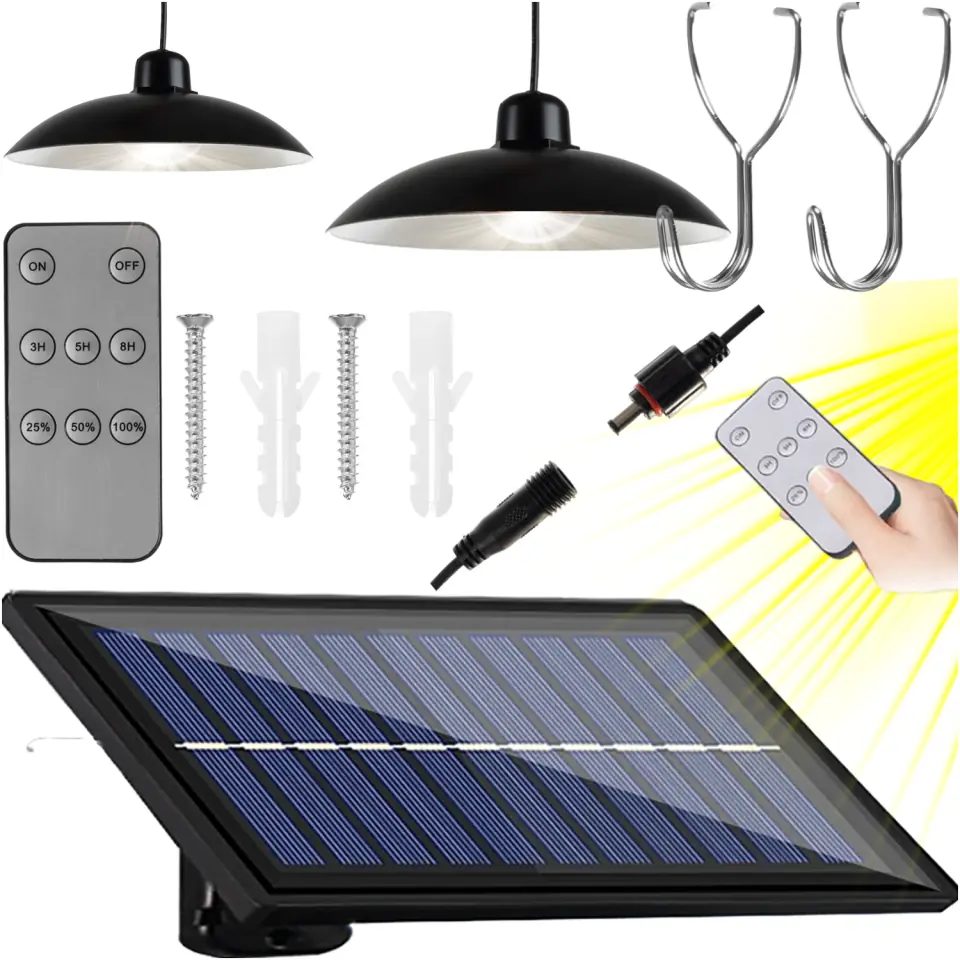 Lampa solarna LED wisząca zestaw 2x Żyrandol Panel solarny Pilot do ogrodu 80W ogrodowa uliczna zewnętrzna czarna