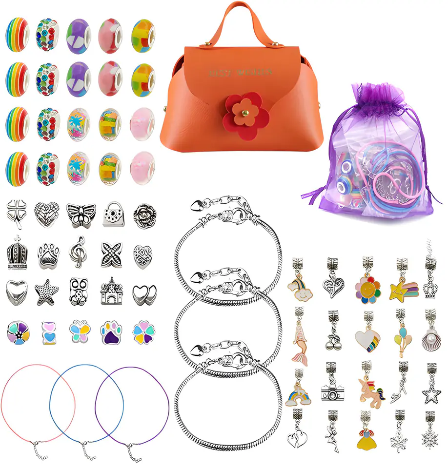 Zestaw Do Tworzenia Robienia Biżuterii, Bransoletek, Charmsy, Zawieszki, Koraliki 66el. KOLOROWY MIX + Kosmetyczka