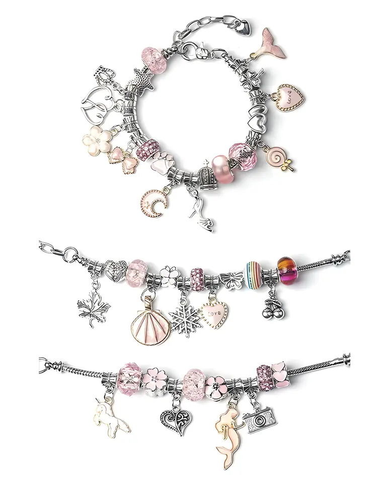 Zestaw Do Tworzenia Robienia Biżuterii, Bransoletek, Charmsy, Zawieszki, Koraliki TĘCZOWO-RÓŻOWY MIX + Etui