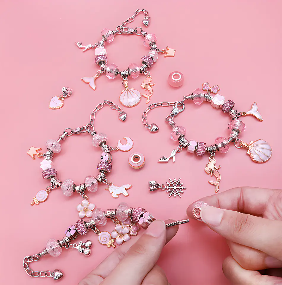 Zestaw Do Tworzenia Robienia Biżuterii, Bransoletek, Charmsy, Zawieszki, Koraliki ODCIENIE RÓŻU + Etui