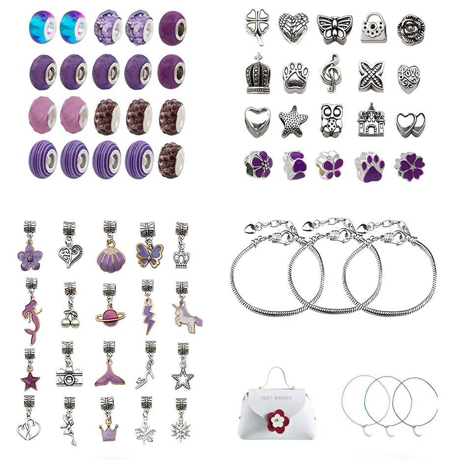Zestaw Do Tworzenia Robienia Biżuterii, Bransoletek, Charmsy, Zawieszki, Koraliki 66el. ODCIENIE FIOLETU + Kosmetyczka