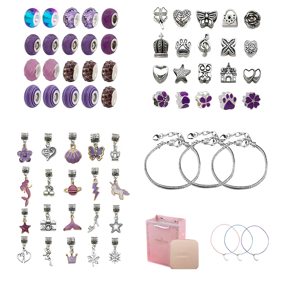 Zestaw Do Tworzenia Robienia Biżuterii, Bransoletek, Charmsy, Zawieszki, Koraliki ODCIENIE FIOLETU + Etui