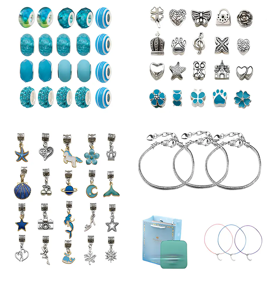 Zestaw Do Tworzenia Robienia Biżuterii, Bransoletek, Charmsy, Zawieszki, Koraliki ODCIENIE NIEBIESKIEGO + Etui