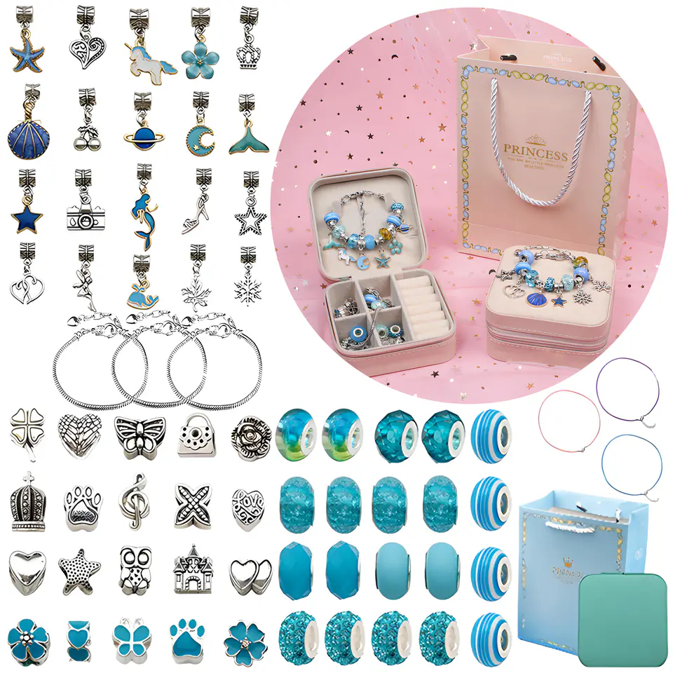 Zestaw Do Tworzenia Robienia Biżuterii, Bransoletek, Charmsy, Zawieszki, Koraliki ODCIENIE NIEBIESKIEGO + Etui
