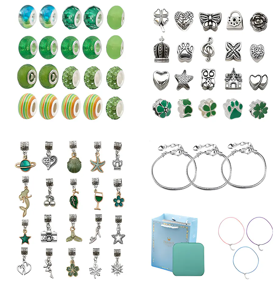 Zestaw Do Tworzenia Robienia Biżuterii, Bransoletek, Charmsy, Zawieszki, Koraliki ODCIENIE ZIELENI + Etui