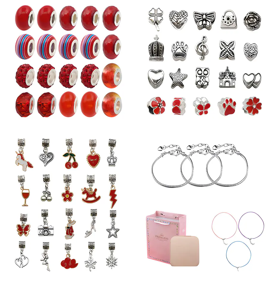 Zestaw Do Tworzenia Robienia Biżuterii, Bransoletek, Charmsy, Zawieszki, Koraliki ODCIENIE CZERWIENI + Etui