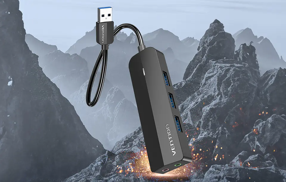 Hub USB 3.0 z 3 portam i kartą dźwiękową 2x TRS 3,5mm  CHIBB 0,15m czarny