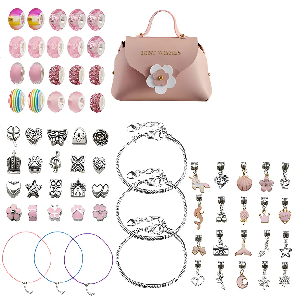 Zestaw Do Tworzenia Robienia Biżuterii, Bransoletek, Charmsy, Zawieszki, Koraliki 66el. ODCIENIE RÓŻU + Kosmetyczka