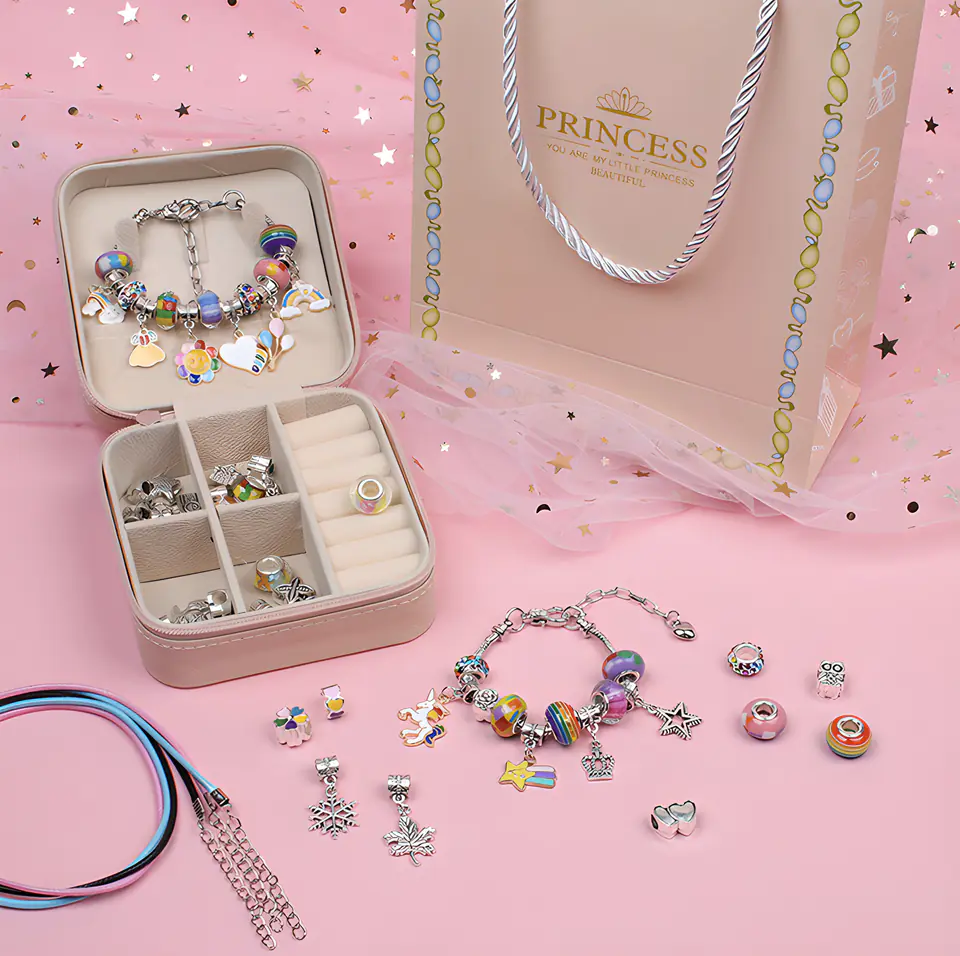 Zestaw Do Tworzenia Robienia Biżuterii, Bransoletek, Charmsy, Zawieszki, Koraliki TĘCZOWY MIX + Etui