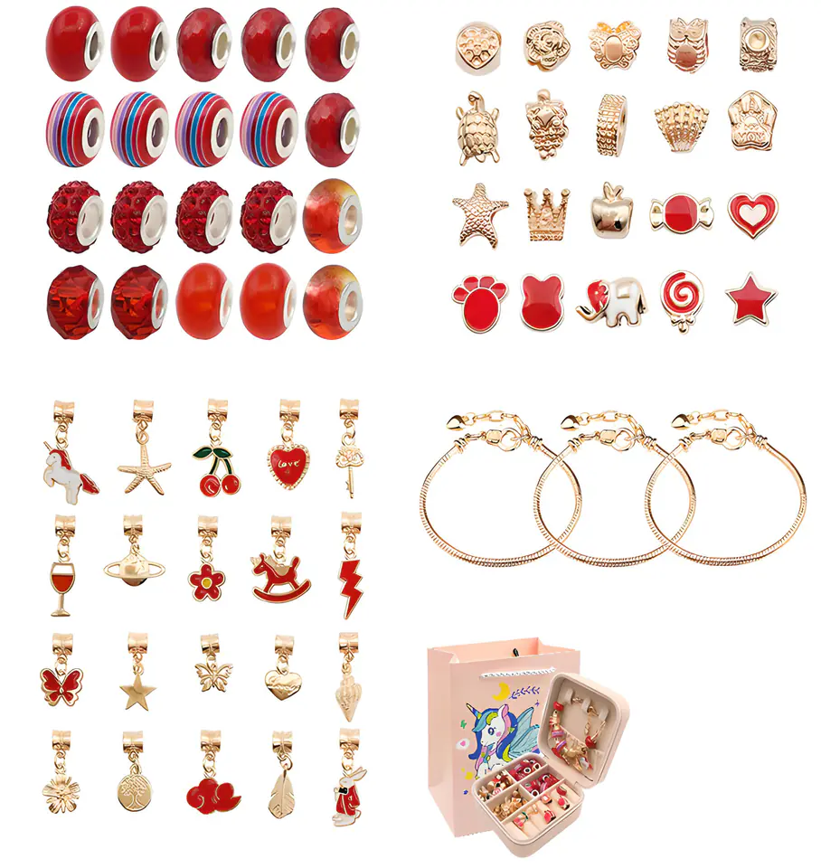 Zestaw Do Tworzenia Robienia Biżuterii, Bransoletek, Charmsy, Zawieszki, Koraliki ODCIENIE CZERWIENI