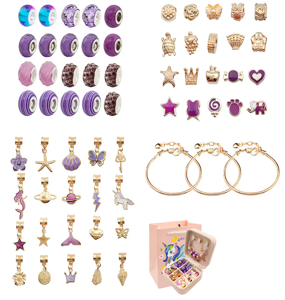 Zestaw Do Tworzenia Robienia Biżuterii, Bransoletek, Charmsy, Zawieszki, Koraliki ODCIENIE FIOLETU