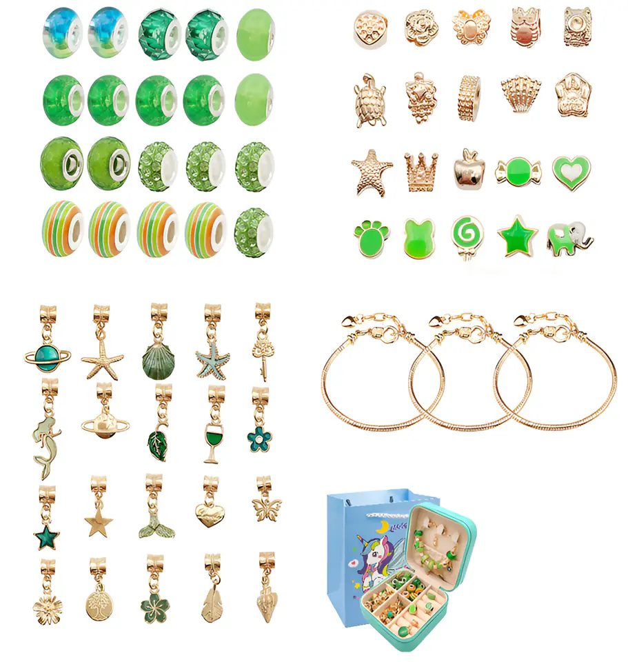 Zestaw Do Tworzenia Robienia Biżuterii, Bransoletek, Charmsy, Zawieszki, Koraliki ODCIENIE ZIELENI