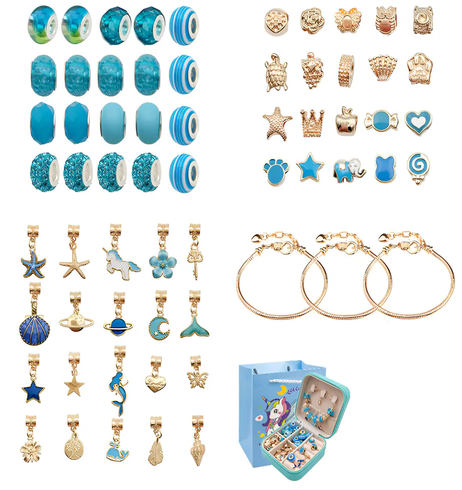 Zestaw Do Tworzenia Robienia Biżuterii, Bransoletek, Charmsy, Zawieszki, Koraliki ODCIENIE NIEBIESKIEGO