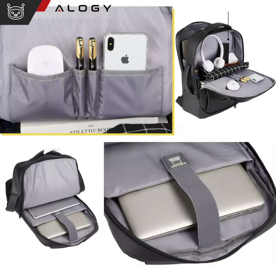 Plecak torba na laptopa 15.6 cal męski damski duży USB do samolotu na walizkę Unisex 42x30x10cm Alogy wodoodporny Czarny