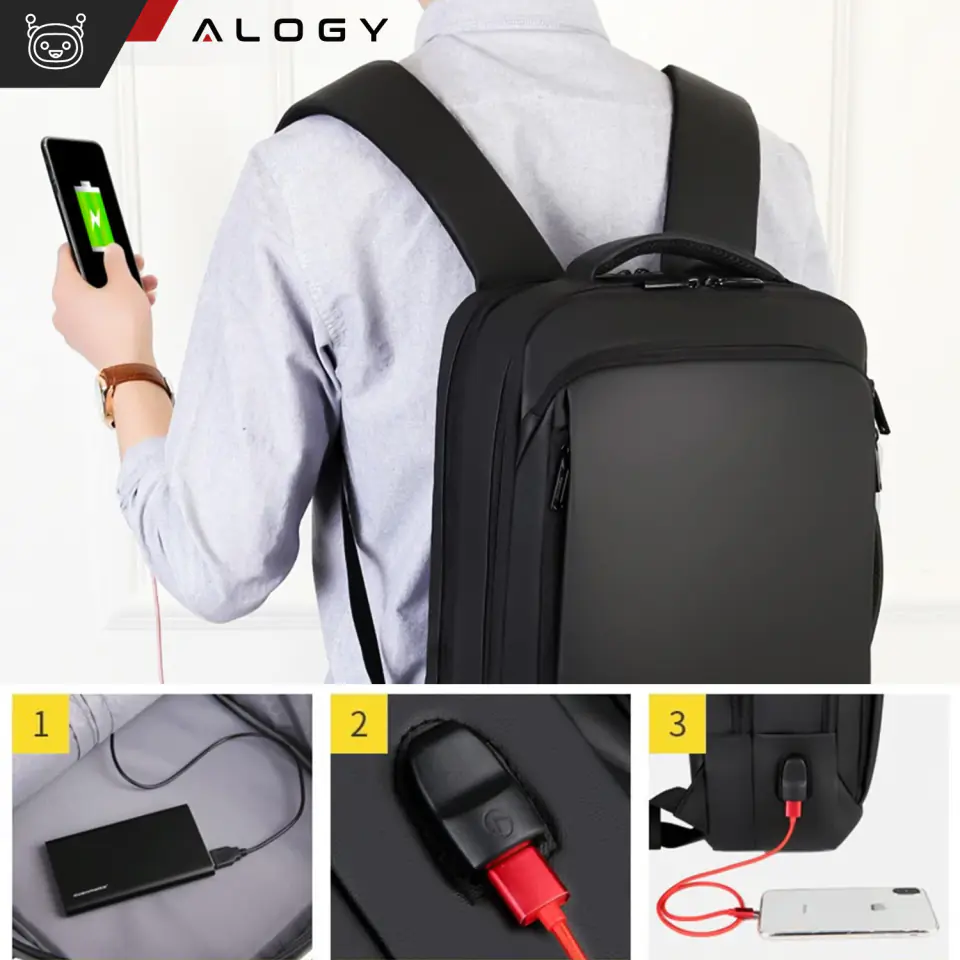 Plecak torba na laptopa 15.6 cal męski damski duży USB do samolotu na walizkę Unisex 42x30x10cm Alogy wodoodporny Czarny