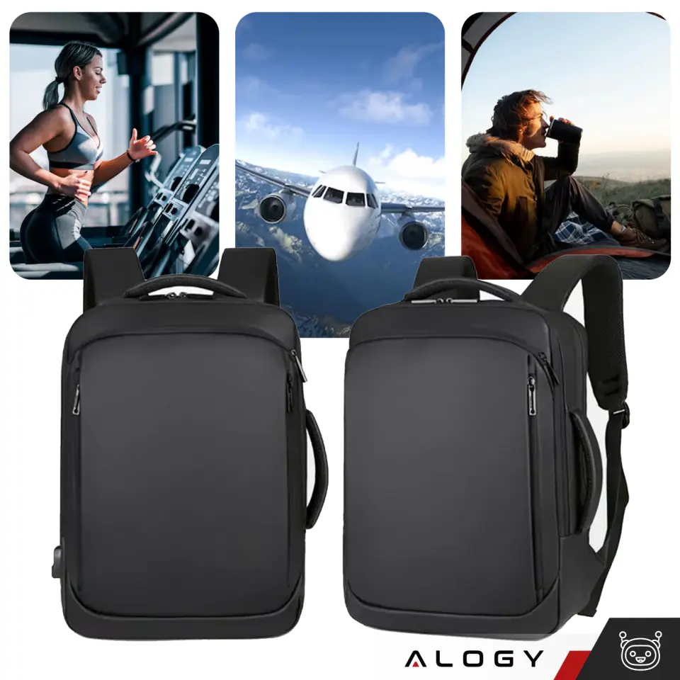 Plecak torba na laptopa 15.6 cal męski damski duży USB do samolotu na walizkę Unisex 42x30x10cm Alogy wodoodporny Czarny
