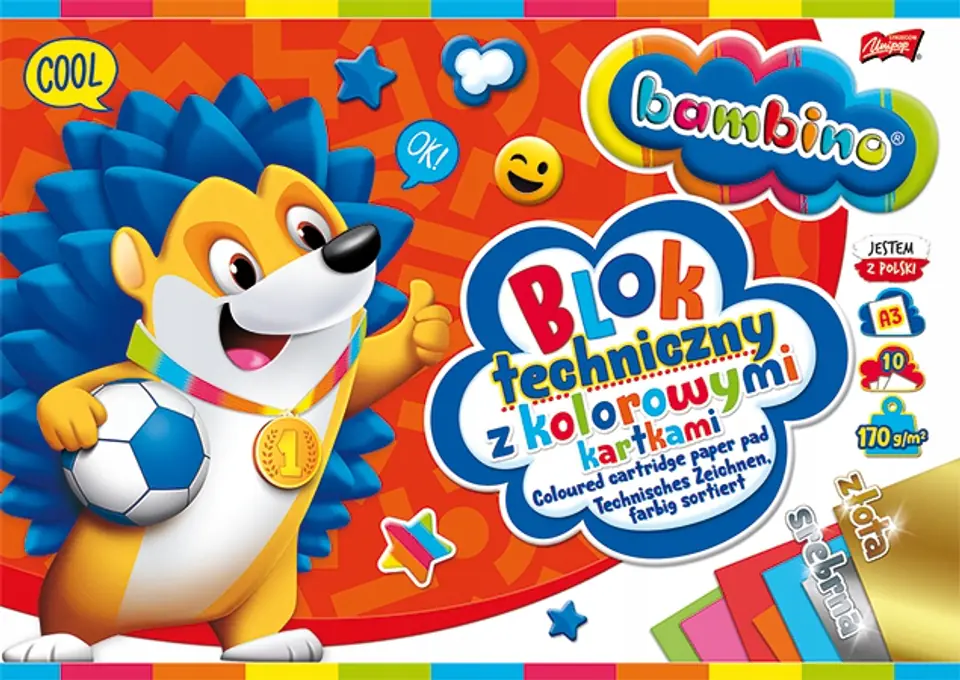 Blok techniczny szkolny A3 kolorowy + złota i srebrna kartka 10 kartek 170g BAMBINO