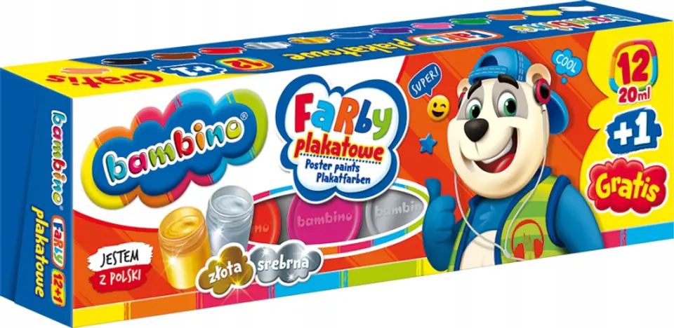 Farby plakatowe 12 kolorów, 20ml + 1 farba cielista gratis BAMBINO