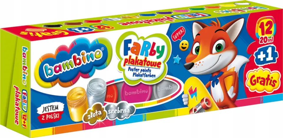 Farby plakatowe 12 kolorów, 20ml + 1 farba cielista gratis BAMBINO