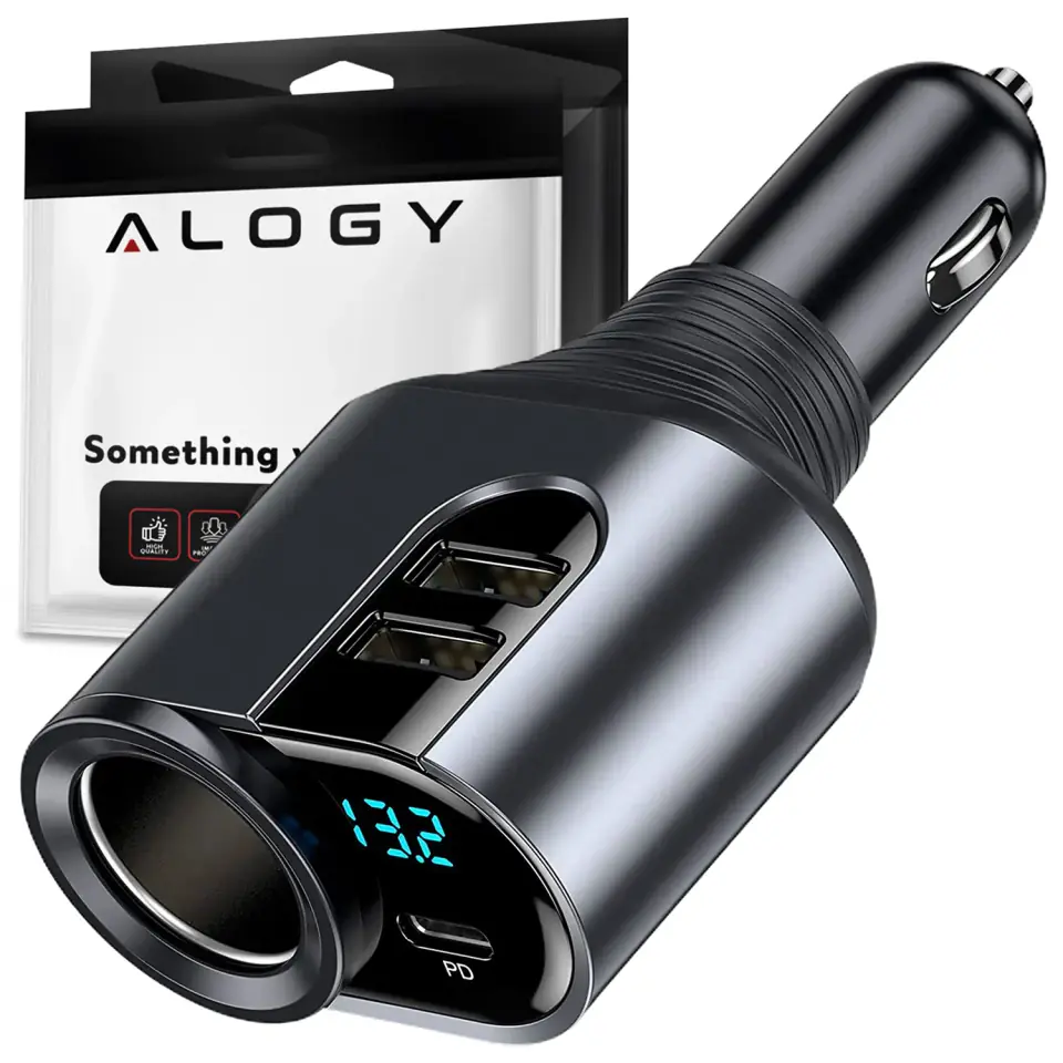 Ładowarka samochodowa 2x USB +USB-C PD 127W szybka rozdzielacz gniazda zapalniczki woltomierz LED Alogy Car czarna