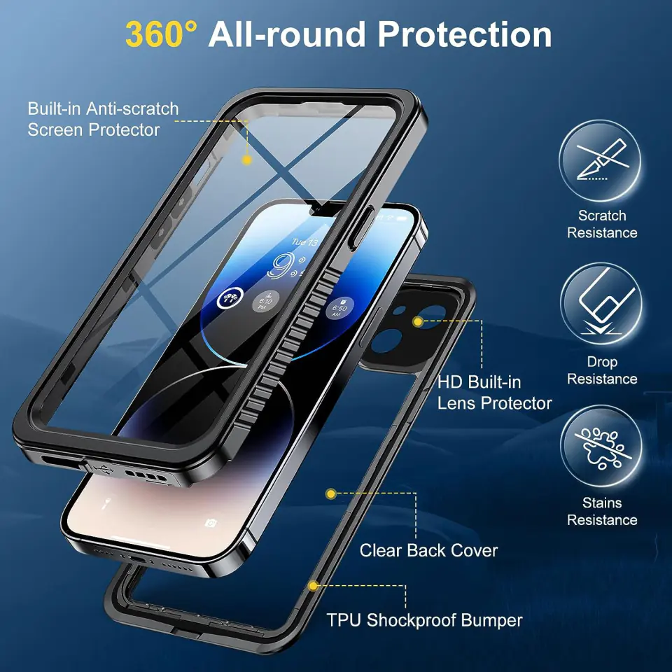 Etui do iPhone 14 wodoodporne pancerne 360 Case Hybrid ochrona aparatu obiektywów IP68 Waterproof czarne