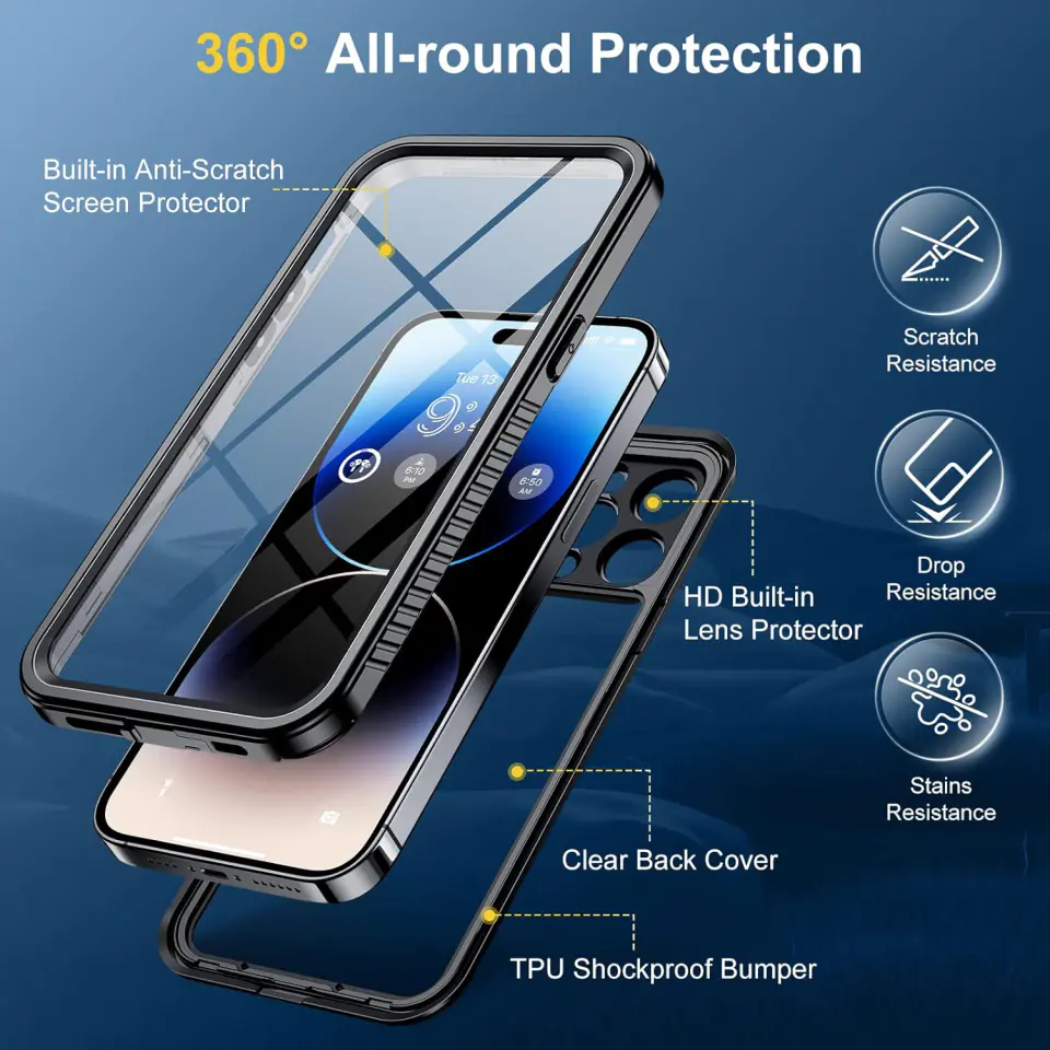 Etui do iPhone 14 Pro wodoodporne pancerne 360 Case Hybrid ochrona aparatu obiektywów IP68 Waterproof czarne