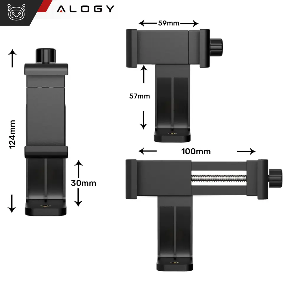 Uchwyt adapter na telefon do statywu selfie stick 1/4 Obrotowy 360 uniwersalny Alogy czarny