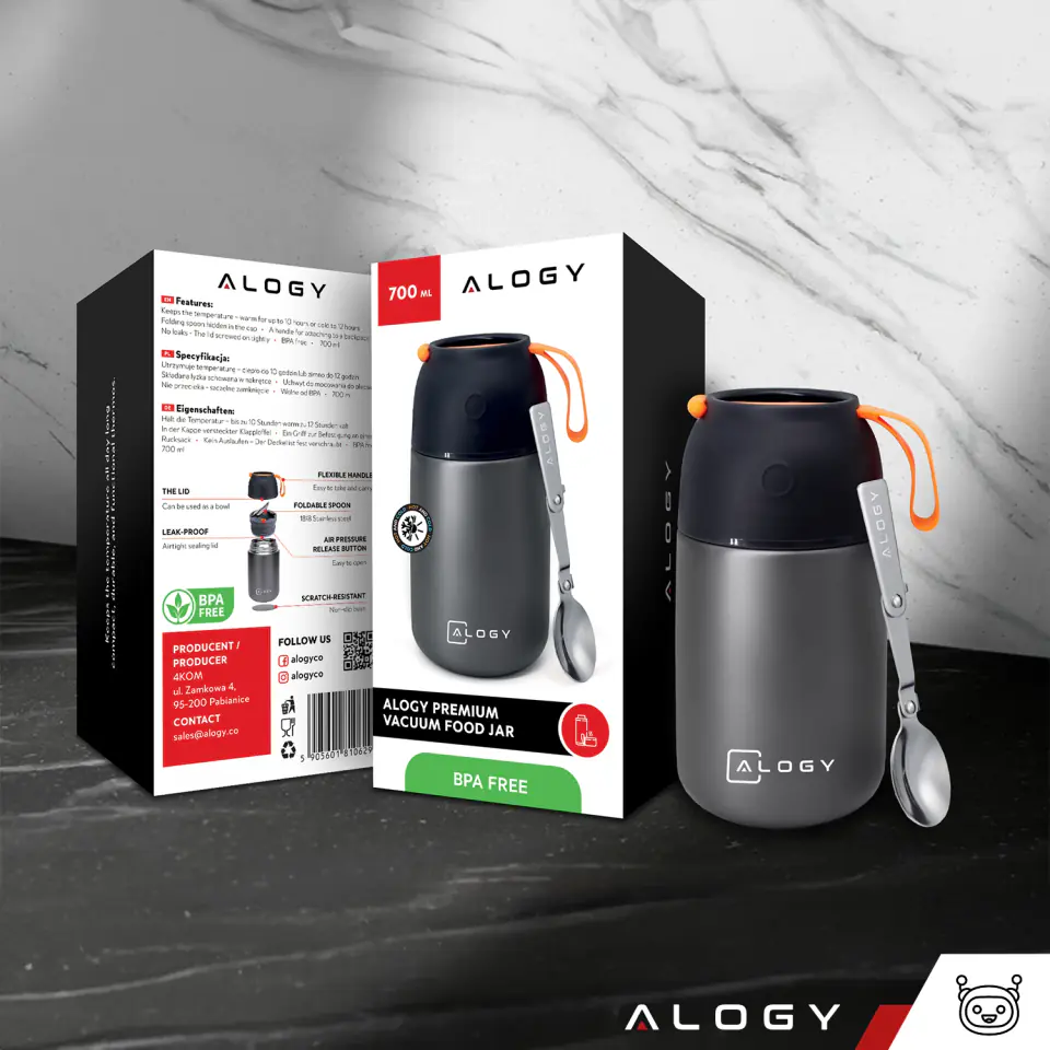 Termos pojemnik obiadowy na jedzenie żywność zupę lód  dla dzieci 700ml Alogy ze stali nierdzewnej + składana łyżeczka termiczny szary