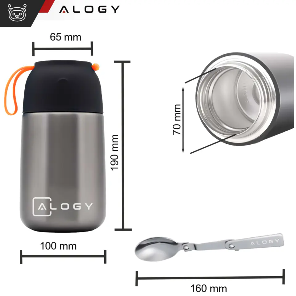 Termos pojemnik obiadowy na jedzenie żywność zupę lód  dla dzieci 700ml Alogy ze stali nierdzewnej + składana łyżeczka termiczny szary