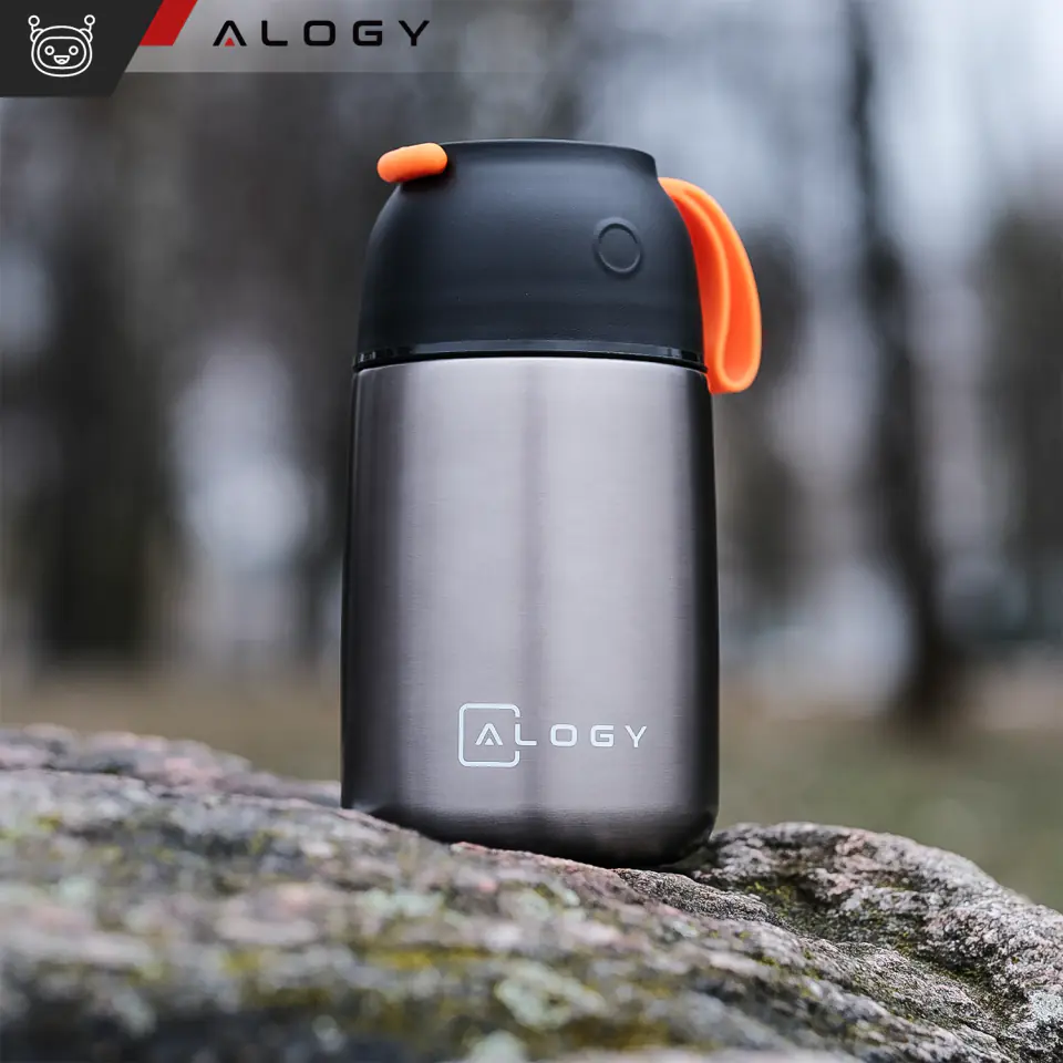 Termos pojemnik obiadowy na jedzenie żywność zupę lód  dla dzieci 700ml Alogy ze stali nierdzewnej + składana łyżeczka termiczny szary