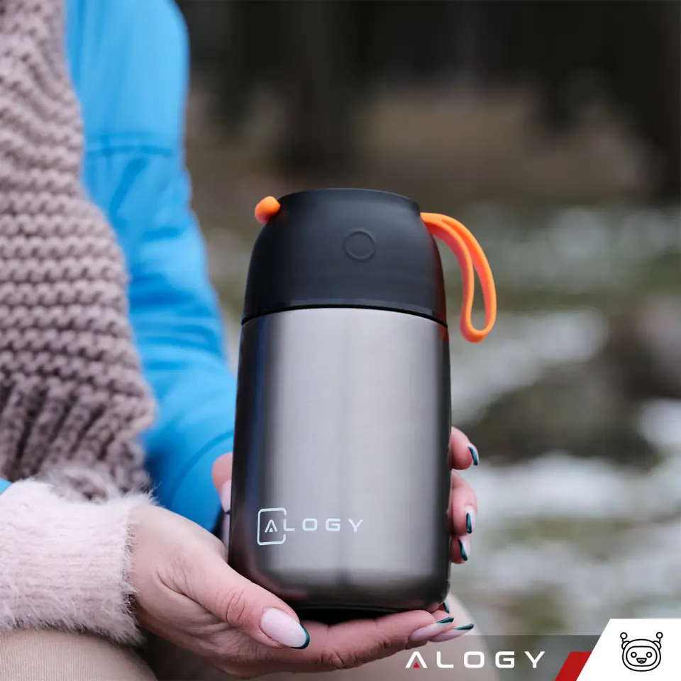Termos pojemnik obiadowy na jedzenie żywność zupę lód  dla dzieci 700ml Alogy ze stali nierdzewnej + składana łyżeczka termiczny szary