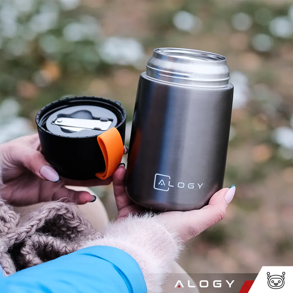 Termos pojemnik obiadowy na jedzenie żywność zupę lód  dla dzieci 700ml Alogy ze stali nierdzewnej + składana łyżeczka termiczny szary