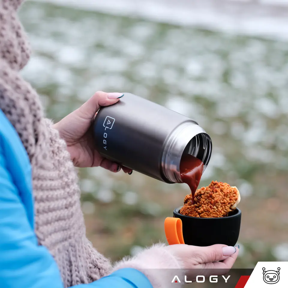 Termos pojemnik obiadowy na jedzenie żywność zupę lód  dla dzieci 700ml Alogy ze stali nierdzewnej + składana łyżeczka termiczny szary