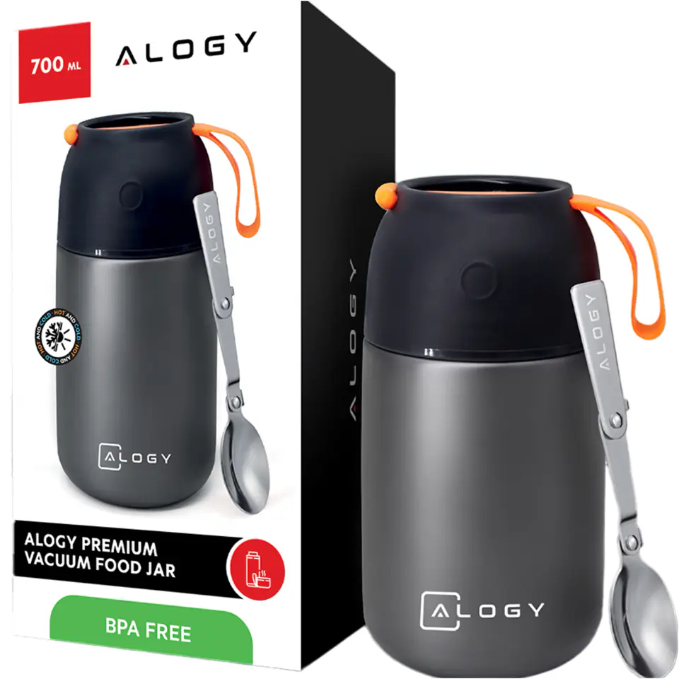 Termos pojemnik obiadowy na jedzenie żywność zupę lód  dla dzieci 700ml Alogy ze stali nierdzewnej + składana łyżeczka termiczny szary