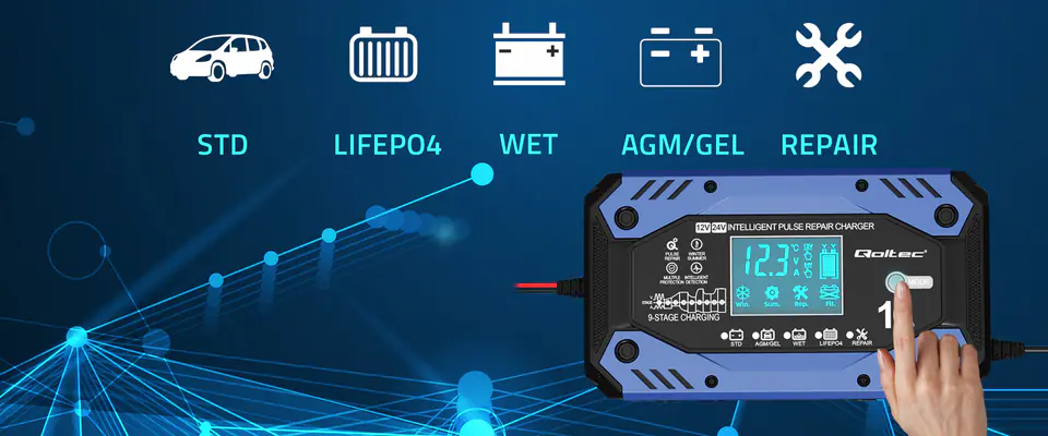 QOLTEC ŁADOWARKA DO AKUMULATORA STD AGM GEL LIFEPO4 | PROSTOWNIK Z FUNKCJĄ NAPRAWY | 12-24V | 10A | LCD|9-STOPNIOWE ŁADOWANIE