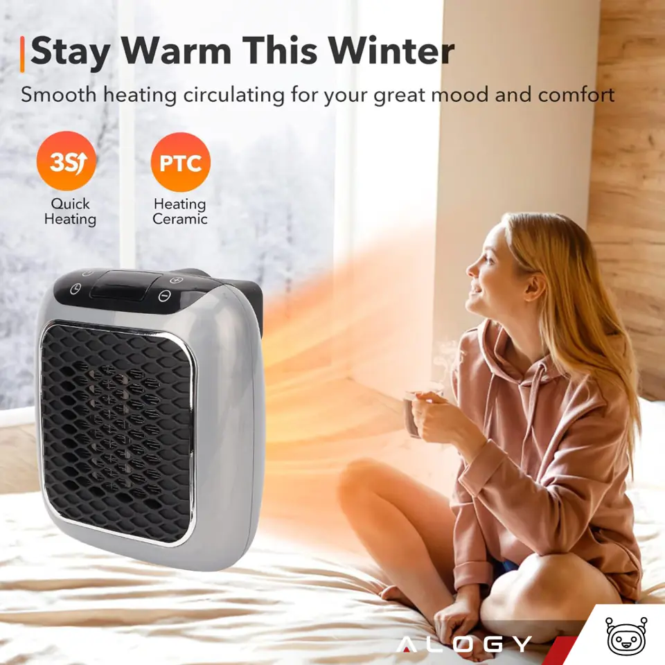 Mocny mini grzejnik elektryczny farelka termowentylator do kontaktu gniazdka + Pilot 800W nagrzewnica ogrzewacz EU Alogy szary