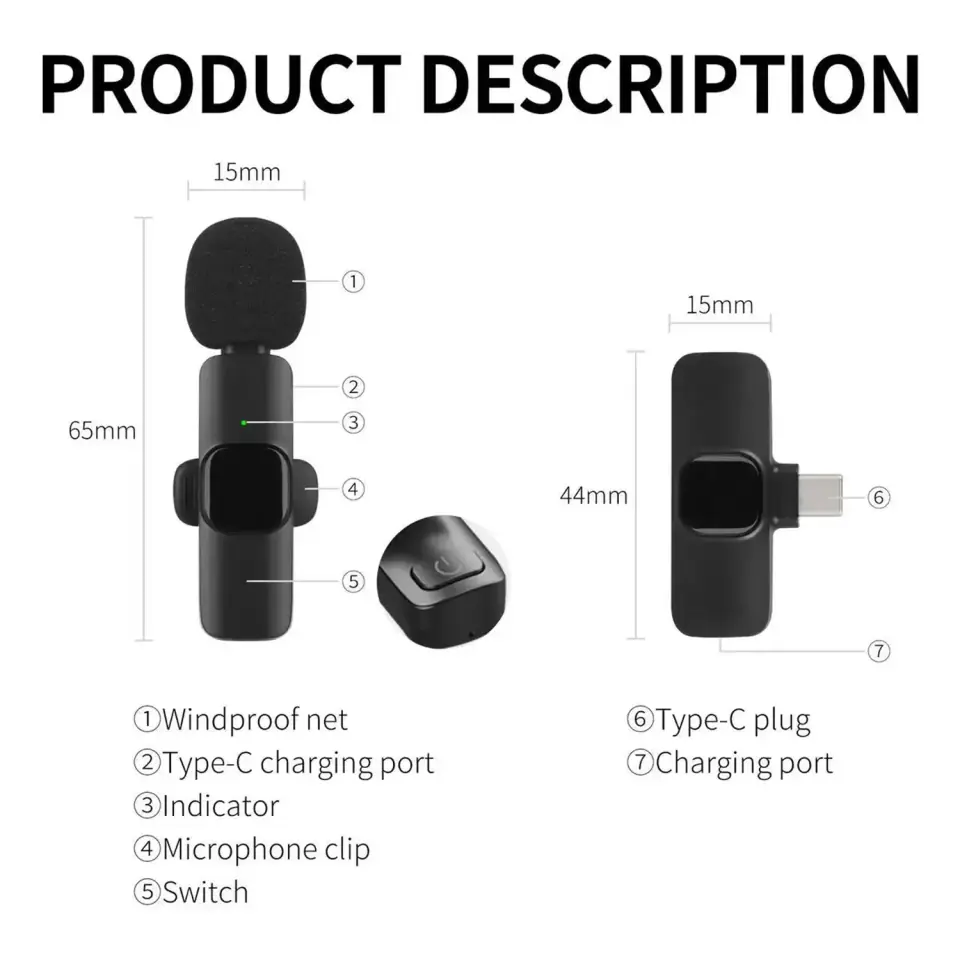 2x mikrofon krawatowy bezprzewodowy USB-C typ C Android iOS do telefonu tabletu małe mikrofony zestaw dwóch mikrofonów