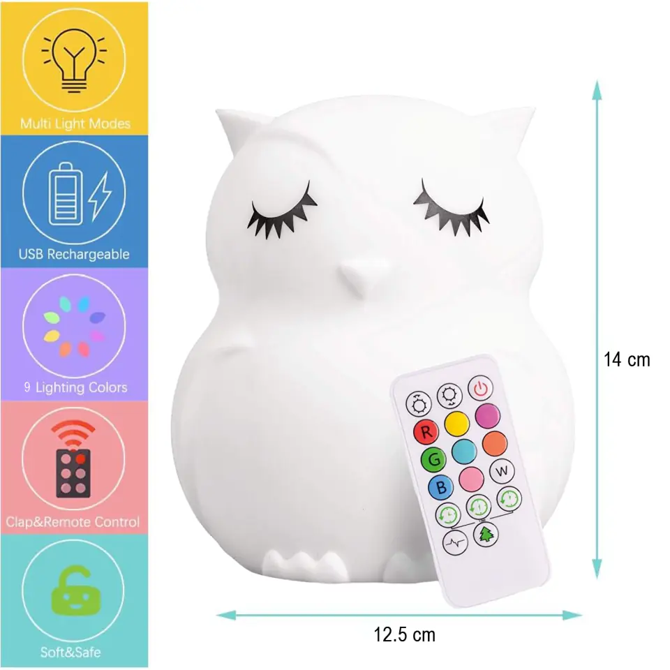 Lampka nocna dla dzieci silikonowa miękka dotykowa USB LED RGB kolorowa + Pilot Sowa biurkowa na biurko Biała
