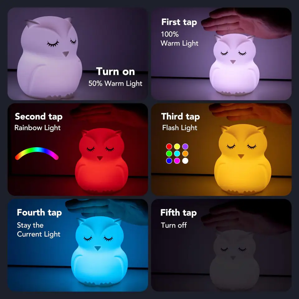 Lampka nocna dla dzieci silikonowa miękka dotykowa USB LED RGB kolorowa + Pilot Sowa biurkowa na biurko Biała