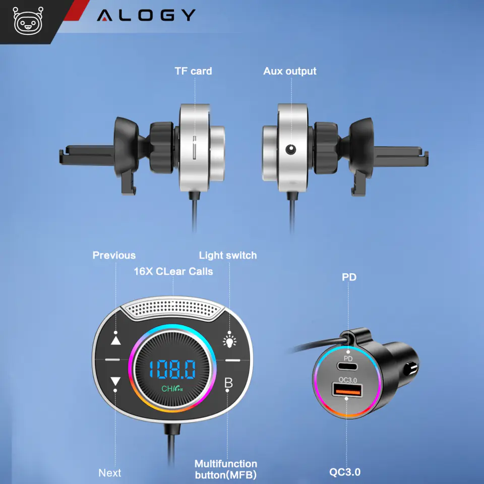 Transmiter Bluetooth Audio FM MP3 BT szybka ładowarka samochodowa USB QC 3.0 + USB-C typ C PD do auta Alogy