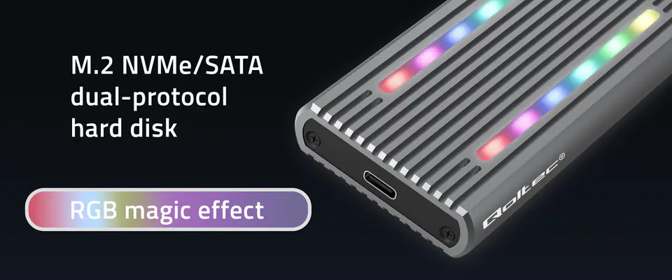 Qoltec Obudowa | kieszeń na dysk M.2 SSD | SATA | NVMe | RGB LED | USB-C | 4TB