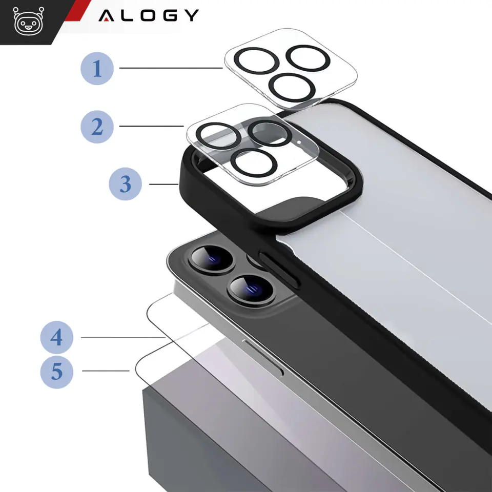 Etui do iPhone 15 Pro Max Obudowa Case +2x szkło na ekran i 2x obiektyw pancerne Alogy 360 Hybrid Set 5w1 czarno-przezroczyste