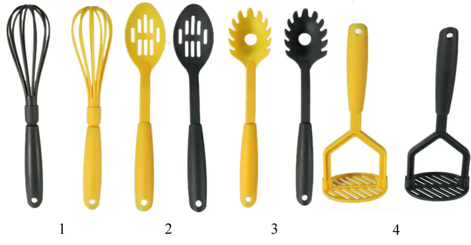 Kitchen utensils - whisk, slotted spoon, pasta, kneading