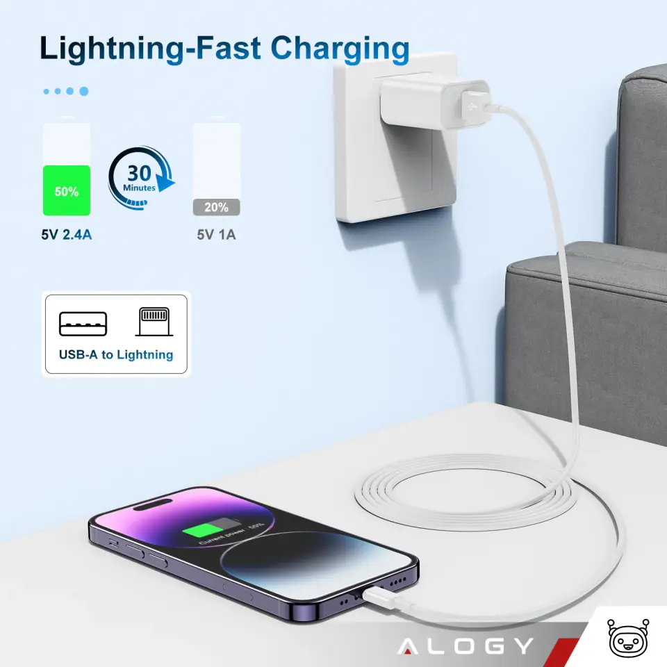 Kabel 1m Alogy Fast Charge USB do Lightning przewód do ładowania iPhone 20W biały