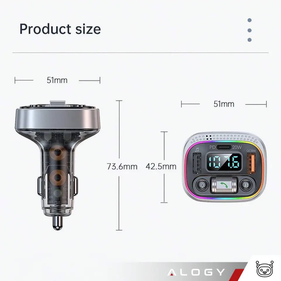 Transmiter samochodowy Bluetooth FM MP3 Szybka Ładowarka 2 x USB QC 3.0 + USB-C C PD 20W LED RGB  Alogy Car srebrny