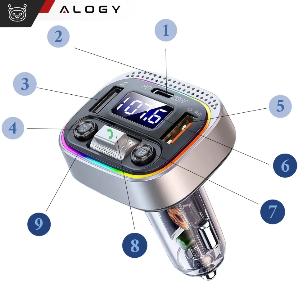 Transmiter samochodowy Bluetooth FM MP3 Szybka Ładowarka 2 x USB QC 3.0 + USB-C C PD 20W LED RGB  Alogy Car srebrny